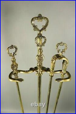 Antique French Ornate Bronze Brass Fireplace Tools Set with Stand Scallop Shell