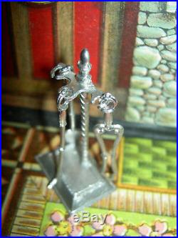 Antique German metal, sgnd. 3-pc dollhouse miniature fireplace tool set and stand