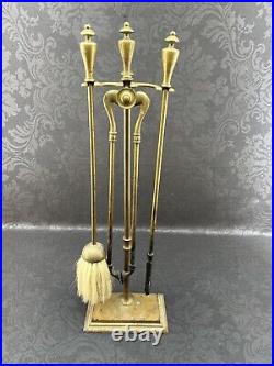 Antique Golden Brass Finish Fireplace Tool Set And Stand Vintage Brush Poker