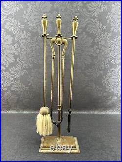 Antique Golden Brass Finish Fireplace Tool Set And Stand Vintage Brush Poker