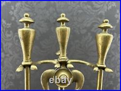 Antique Golden Brass Finish Fireplace Tool Set And Stand Vintage Brush Poker