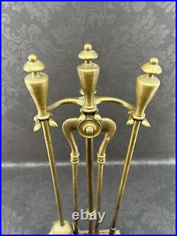 Antique Golden Brass Finish Fireplace Tool Set And Stand Vintage Brush Poker