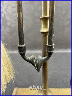 Antique Golden Brass Finish Fireplace Tool Set And Stand Vintage Brush Poker