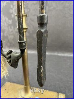 Antique Golden Brass Finish Fireplace Tool Set And Stand Vintage Brush Poker