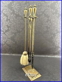 Antique Golden Brass Finish Fireplace Tool Set And Stand Vintage Brush Poker
