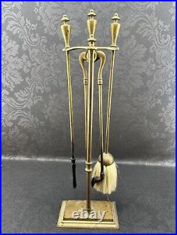 Antique Golden Brass Finish Fireplace Tool Set And Stand Vintage Brush Poker