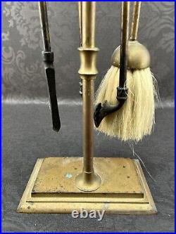 Antique Golden Brass Finish Fireplace Tool Set And Stand Vintage Brush Poker