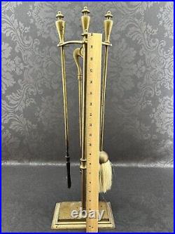 Antique Golden Brass Finish Fireplace Tool Set And Stand Vintage Brush Poker