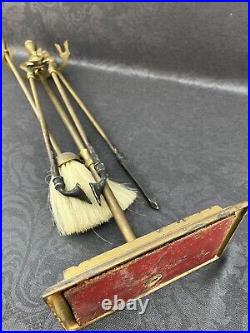 Antique Golden Brass Finish Fireplace Tool Set And Stand Vintage Brush Poker