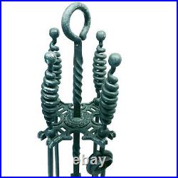 Antique Gothic Style Wrought Iron Fireplace Tool Set with Claw Feet Stand