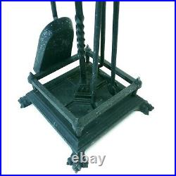 Antique Gothic Style Wrought Iron Fireplace Tool Set with Claw Feet Stand