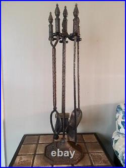 Antique Hammered Iron/Brass 4Pc Fireplace Tool Set Art Nouveau English Regency