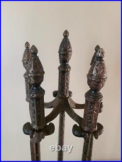 Antique Hammered Iron/Brass 4Pc Fireplace Tool Set Art Nouveau English Regency