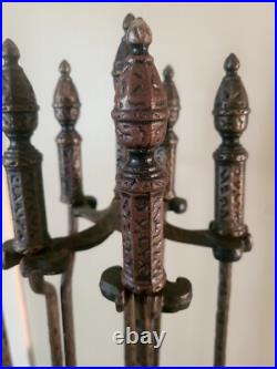 Antique Hammered Iron/Brass 4Pc Fireplace Tool Set Art Nouveau English Regency