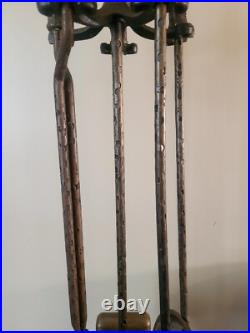 Antique Hammered Iron/Brass 4Pc Fireplace Tool Set Art Nouveau English Regency