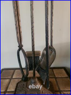 Antique Hammered Iron/Brass 4Pc Fireplace Tool Set Art Nouveau English Regency