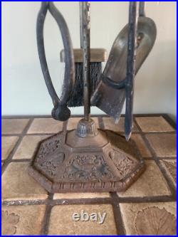 Antique Hammered Iron/Brass 4Pc Fireplace Tool Set Art Nouveau English Regency