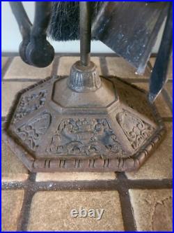 Antique Hammered Iron/Brass 4Pc Fireplace Tool Set Art Nouveau English Regency