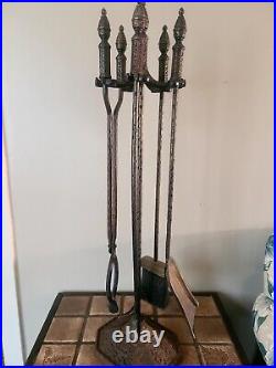 Antique Hammered Iron/Brass 4Pc Fireplace Tool Set Art Nouveau English Regency