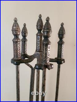 Antique Hammered Iron/Brass 4Pc Fireplace Tool Set Art Nouveau English Regency