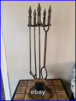 Antique Hammered Iron/Brass 4Pc Fireplace Tool Set Art Nouveau English Regency