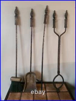 Antique Hammered Iron/Brass 4Pc Fireplace Tool Set Art Nouveau English Regency