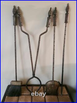 Antique Hammered Iron/Brass 4Pc Fireplace Tool Set Art Nouveau English Regency