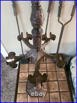 Antique Hammered Iron/Brass 4Pc Fireplace Tool Set Art Nouveau English Regency