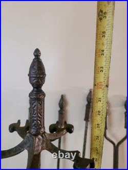 Antique Hammered Iron/Brass 4Pc Fireplace Tool Set Art Nouveau English Regency