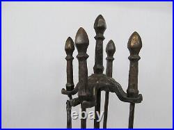 Antique Hammered Iron Brass Art Deco Fireplace Utensil Tool Set