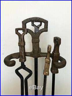 Antique Hammered Iron & Brass Handle Fireplace 4 Matching Tools withHolder Set