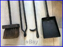 Antique Hammered Iron & Brass Handle Fireplace 4 Matching Tools withHolder Set
