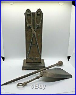 Antique Hand-Forged Iron Fireplace Tool Set -Great Design- Maker/Foundry Marks