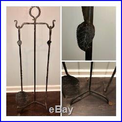 Antique Hand Hammered Wrought Iron Fireplace Hearth Tool Set, Metal Twist, Leaf
