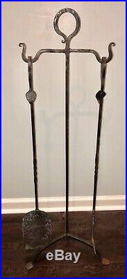 Antique Hand Hammered Wrought Iron Fireplace Hearth Tool Set, Metal Twist, Leaf