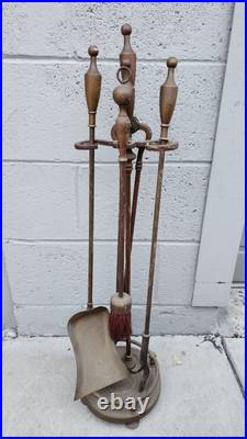 Antique Hand Wrought-Iron Bronze Fireplace Fire Tool Set w Stand Rare