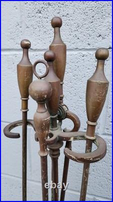 Antique Hand Wrought-Iron Bronze Fireplace Fire Tool Set w Stand Rare