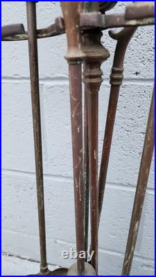 Antique Hand Wrought-Iron Bronze Fireplace Fire Tool Set w Stand Rare