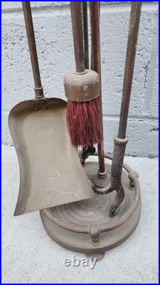 Antique Hand Wrought-Iron Bronze Fireplace Fire Tool Set w Stand Rare