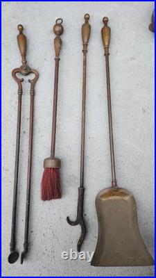 Antique Hand Wrought-Iron Bronze Fireplace Fire Tool Set w Stand Rare