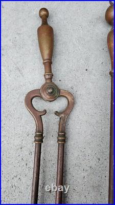Antique Hand Wrought-Iron Bronze Fireplace Fire Tool Set w Stand Rare