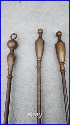 Antique Hand Wrought-Iron Bronze Fireplace Fire Tool Set w Stand Rare