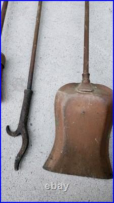 Antique Hand Wrought-Iron Bronze Fireplace Fire Tool Set w Stand Rare