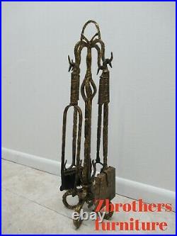 Antique Italian Hand Hammered Wrought Iron Gold Gilt Fireplace Tools Set Regency