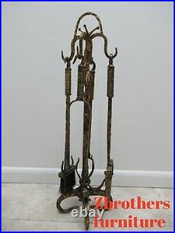 Antique Italian Hand Hammered Wrought Iron Gold Gilt Fireplace Tools Set Regency