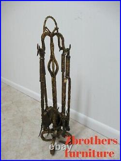 Antique Italian Hand Hammered Wrought Iron Gold Gilt Fireplace Tools Set Regency