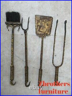 Antique Italian Hand Hammered Wrought Iron Gold Gilt Fireplace Tools Set Regency