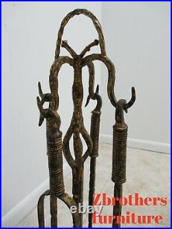 Antique Italian Hand Hammered Wrought Iron Gold Gilt Fireplace Tools Set Regency