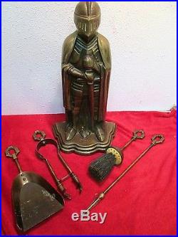 Antique Knight Fireplace Tool Set Cast Iron Bronze Coating ENGLAND 1930's Armor