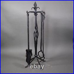 Antique Large 36 Hand Forged Fireplace Tools 4 Pieces Custom Wrought Iron